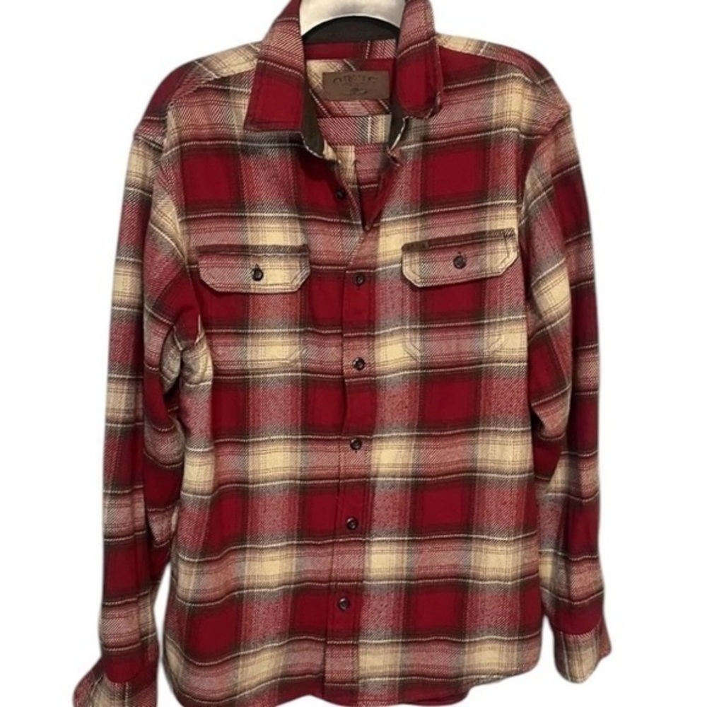 Heavyweight Cozy Flannel Shirt Jacket with side pockets Red Brown Tan Plaid - Picture 2 of 5
